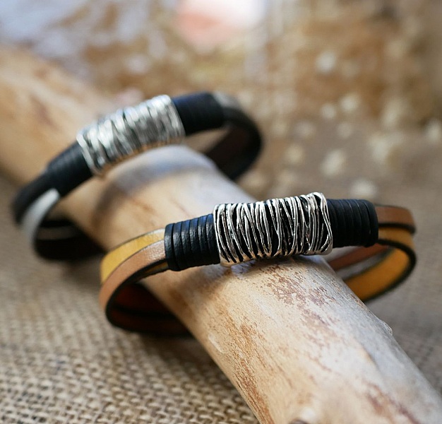 Tofarget armb&aring;nd i skinn og metall for personlig tilpasning