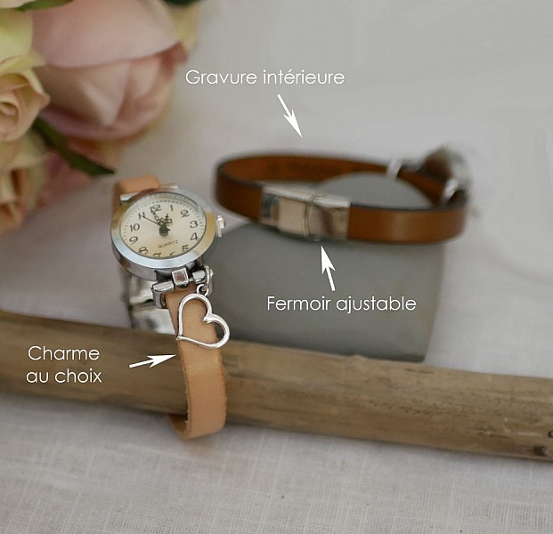 S&oslash;lvklokke med sjarm og l&aelig;rrem med justerbar l&aring;s