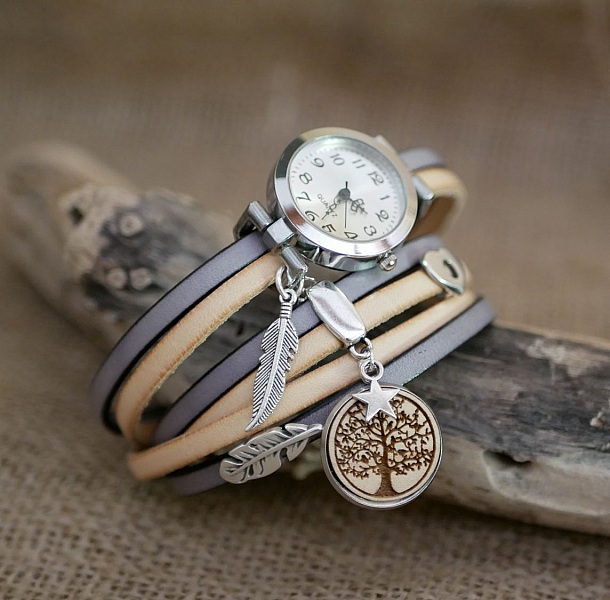 Triple tour-klokke i skinnduo og cabochon i tre for personlig tilpasning 
